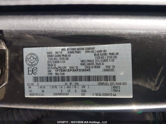 Ford F150 Supercrew 2019 1FTEW1EPXKFD36545 Image 18