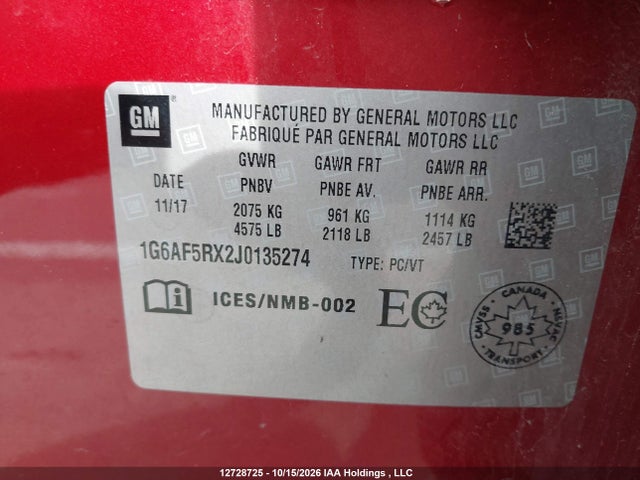 1G6AF5RX2J0135274 Cadillac Ats Turbo Luxury