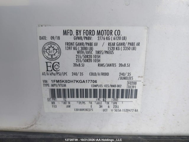 Ford EXPLORER XLT 2019 1FM5K8DH7KGA17706 Image 19