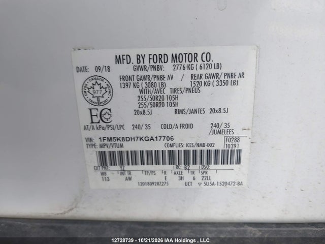 Ford EXPLORER XLT 2019 1FM5K8DH7KGA17706 Image 9