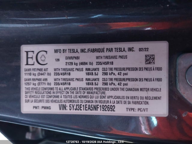 Продаж на аукціоні авто 2022 Tesla Model 3 Rwd/standard Range, vin: 5YJ3E1EA5NF192692, номер лоту: 12728763