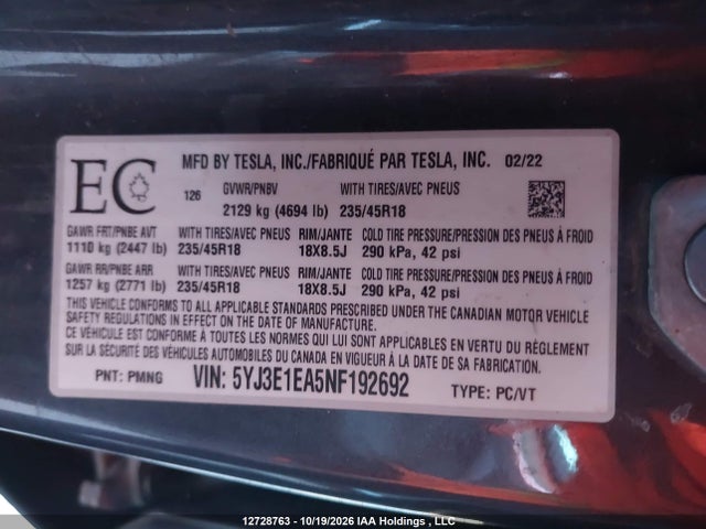Продаж на аукціоні авто 2022 Tesla Model 3 Rwd/standard Range, vin: 5YJ3E1EA5NF192692, номер лоту: 12728763