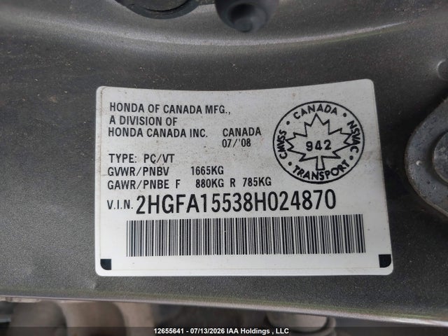 Aukcja sprzedaży 2008 Honda Civic Lx, vin: 2HGFA15538H024870, numer aukcji: 12655641