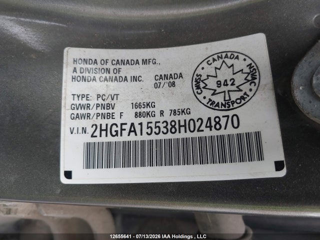 Aukcja sprzedaży 2008 Honda Civic Lx, vin: 2HGFA15538H024870, numer aukcji: 12655641