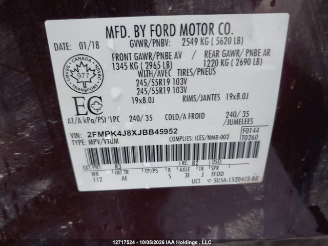 12717524 :رقم المزاد ، 2FMPK4J8XJBB45952 vin ، 2018 Ford Edge Sel مزاد بيع