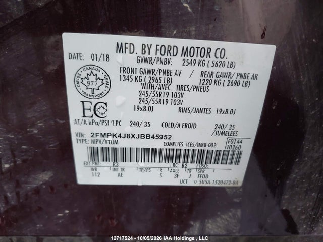 12717524 :رقم المزاد ، 2FMPK4J8XJBB45952 vin ، 2018 Ford Edge Sel مزاد بيع