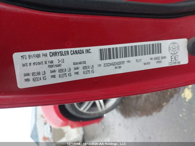 12718594 :رقم المزاد ، 2C3CDXHG2CH220787 vin ، 2012 Dodge Charger Sxt مزاد بيع