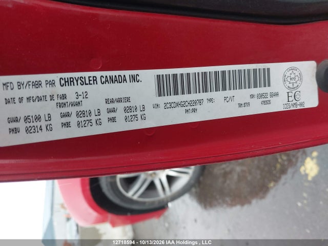 12718594 :رقم المزاد ، 2C3CDXHG2CH220787 vin ، 2012 Dodge Charger Sxt مزاد بيع
