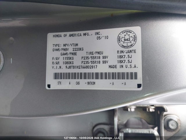 12719054 :رقم المزاد ، 5J8TB1H27AA802917 vin ، 2010 Acura Rdx مزاد بيع