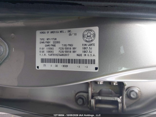 12719054 :رقم المزاد ، 5J8TB1H27AA802917 vin ، 2010 Acura Rdx مزاد بيع