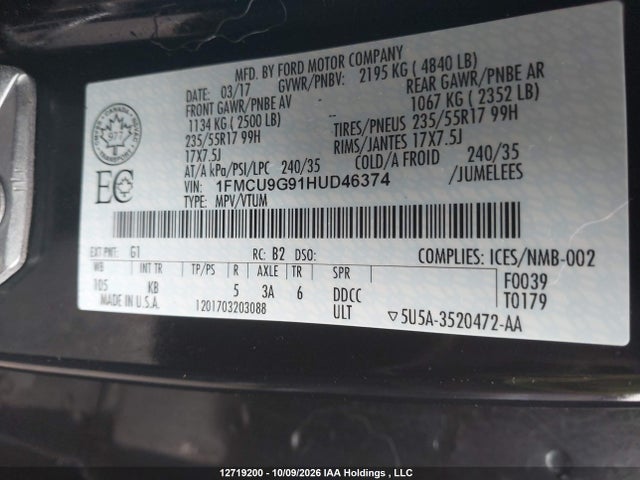 12719200 :رقم المزاد ، 1FMCU9G91HUD46374 vin ، 2017 Ford Escape Se مزاد بيع