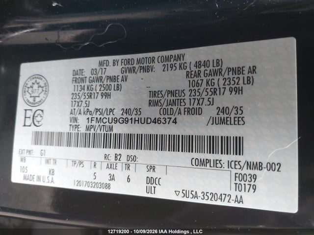 12719200 :رقم المزاد ، 1FMCU9G91HUD46374 vin ، 2017 Ford Escape Se مزاد بيع