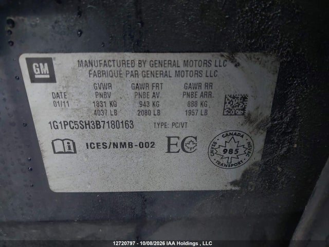 2011 Chevrolet Cruze Ls მანქანა იყიდება აუქციონზე, vin: 1G1PC5SH3B7180163, აუქციონის ნომერი: 12720797