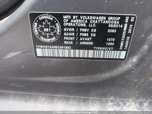 2014 Volkswagen Passat 1.8 Tsi Highline მანქანა იყიდება აუქციონზე, vin: 1VWCS7A33EC091552, აუქციონის ნომერი: 12722943