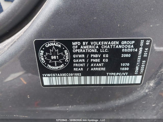2014 Volkswagen Passat 1.8 Tsi Highline მანქანა იყიდება აუქციონზე, vin: 1VWCS7A33EC091552, აუქციონის ნომერი: 12722943