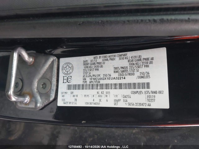 12700492 :رقم المزاد ، 1FMCU0GX1EUA32214 vin ، 2014 Ford Escape Se مزاد بيع
