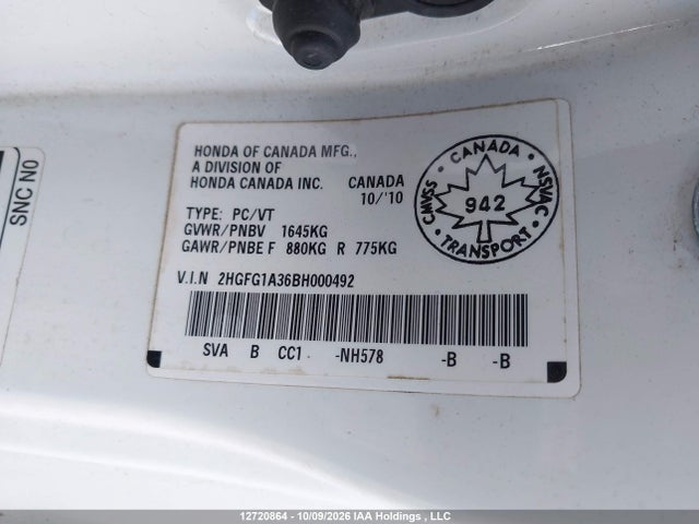 12720864 :رقم المزاد ، 2HGFG1A36BH000492 vin ، 2011 Honda Civic Dx-g مزاد بيع