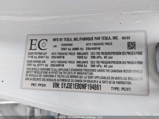 Tesla Model 3 Long Range 2022 5YJ3E1EB0NF194861 Image 9