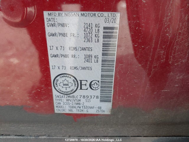5N1AT2MV8LC789378 Nissan Rogue S/sl/sv