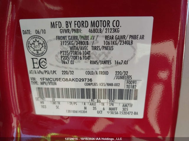 2010 Ford Escape Limited მანქანა იყიდება აუქციონზე, vin: 1FMCU9EG8AKD29736, აუქციონის ნომერი: 12729015