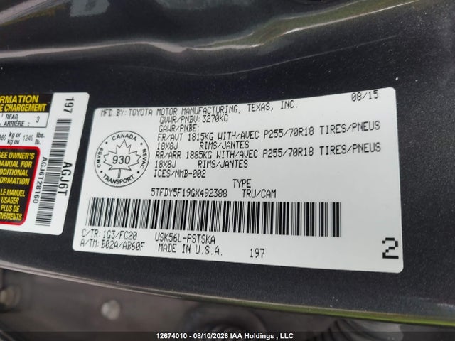 5TFDY5F19GX492388 Toyota Tundra Sr5 5.7l V8
