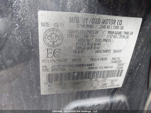 Aukcja sprzedaży 2011 Ford Edge Limited, vin: 2FMDK3KC2BBB04667, numer aukcji: 12683496