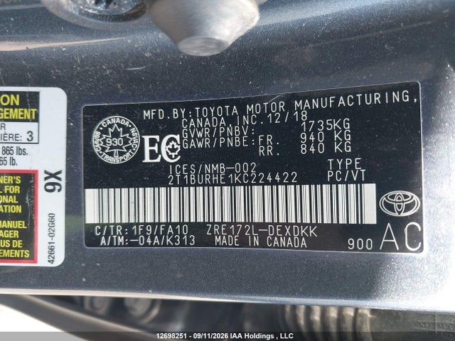 Toyota COROLLA CE 2019 2T1BURHE1KC224422 Image 9