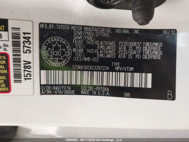 Auction sale of the 2012 Toyota Sienna Le V6, vin: 5TDKK3DC6CS267234, lot number: 12699454