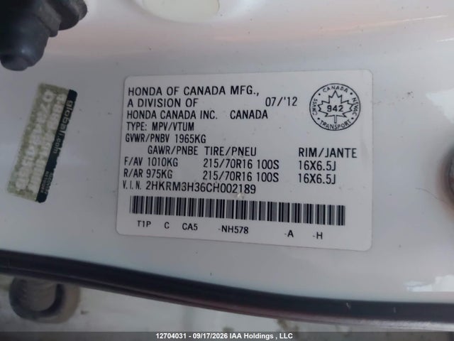 12704031 :رقم المزاد ، 2HKRM3H36CH002189 vin ، 2012 Honda Cr-v Lx مزاد بيع