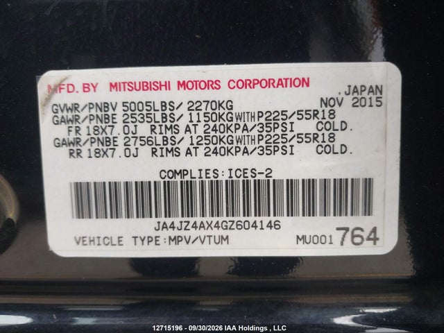 Aukcja sprzedaży 2016 Mitsubishi Outlander Gt, vin: JA4JZ4AX4GZ604146, numer aukcji: 12715196