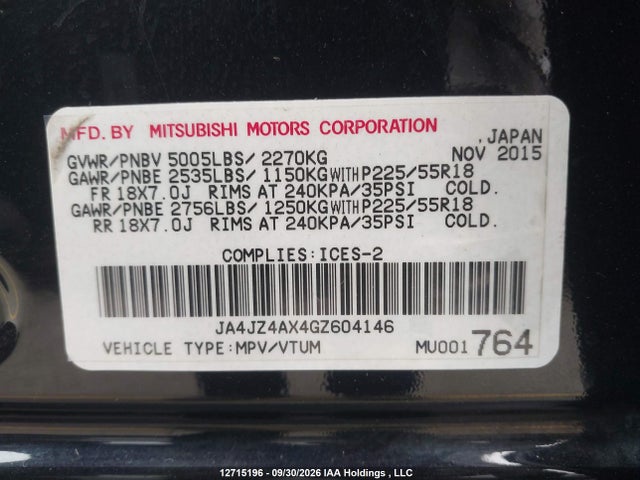 Aukcja sprzedaży 2016 Mitsubishi Outlander Gt, vin: JA4JZ4AX4GZ604146, numer aukcji: 12715196