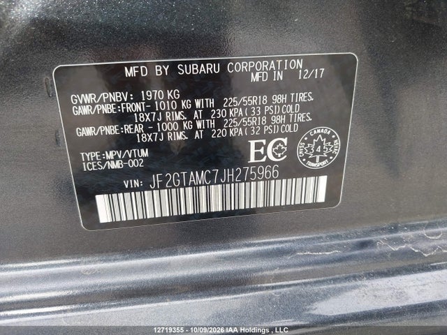 Aukcja sprzedaży 2018 Subaru Crosstrek Limited, vin: JF2GTAMC7JH275966, numer aukcji: 12719355