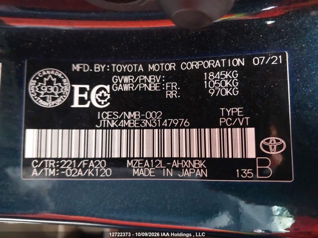 Toyota Corolla 2022 JTNK4MBE3N3147976 Image 9