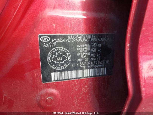 5NPD74LF9JH221105 Hyundai Elantra Le