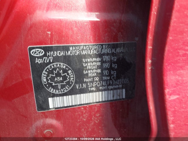 5NPD74LF9JH221105 Hyundai Elantra Le