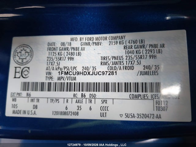 Aukcja sprzedaży 2018 Ford Escape Sel, vin: 1FMCU9HDXJUC97281, numer aukcji: 12724979