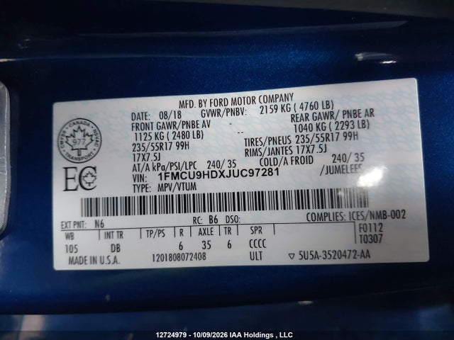Aukcja sprzedaży 2018 Ford Escape Sel, vin: 1FMCU9HDXJUC97281, numer aukcji: 12724979