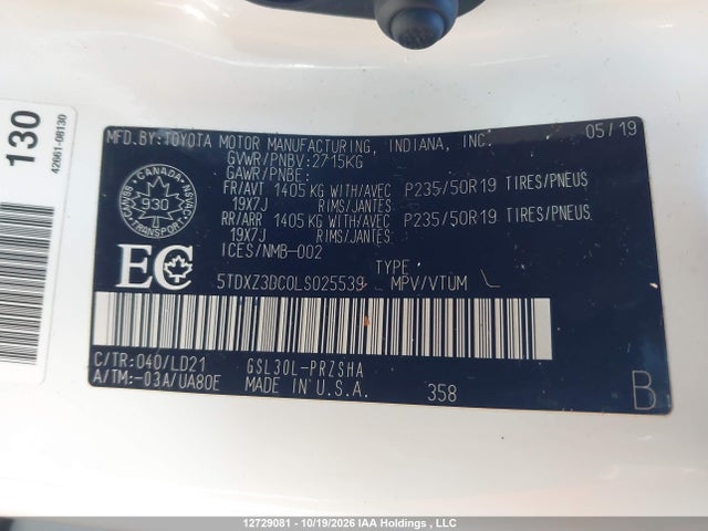 5TDXZ3DC0LS025539 Toyota Sienna Se/se Premium