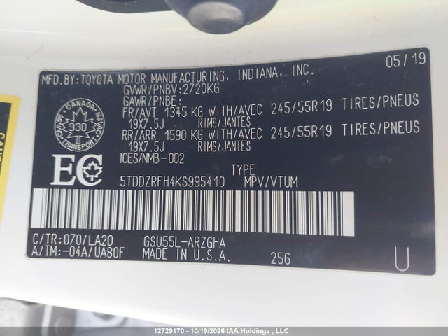 Продаж на аукціоні авто 2019 Toyota Highlander Limited/ltd Platinum, vin: 5TDDZRFH4KS995410, номер лоту: 12729170