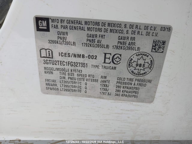 Aukcja sprzedaży 2015 Gmc Sierra K1500, vin: 3GTU2TEC1FG327351, numer aukcji: 12729233