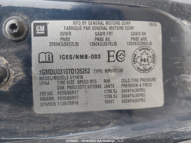 12729357 :رقم المزاد ، 1GMDU03107D135262 vin ، 2007 Pontiac Montana Sv6 Sv6 مزاد بيع