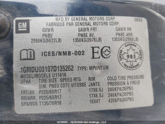 12729357 :رقم المزاد ، 1GMDU03107D135262 vin ، 2007 Pontiac Montana Sv6 Sv6 مزاد بيع
