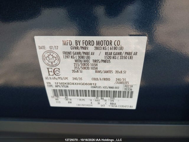 12729370 :رقم المزاد ، 1FM5K8D8XHGD60812 vin ، 2017 Ford Explorer Xlt مزاد بيع