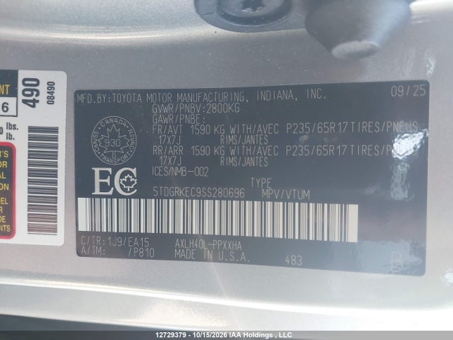 5TDGRKEC9SS280696 Toyota Sienna Le/xle/platinum/xse/limited/autono-mass