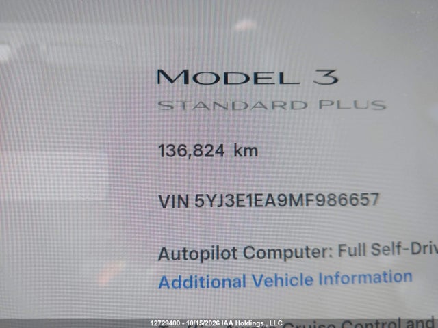 2021 Tesla Model 3 Standard Range/standard Range Plus მანქანა იყიდება აუქციონზე, vin: 5YJ3E1EA9MF986657, აუქციონის ნომერი: 12729400