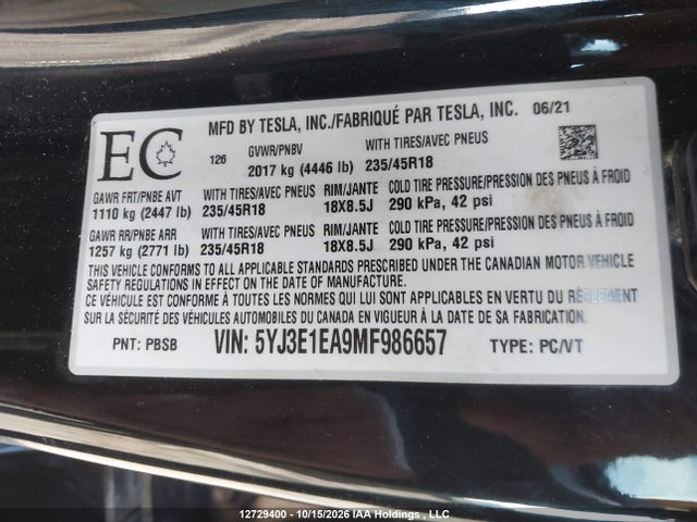 2021 Tesla Model 3 Standard Range/standard Range Plus მანქანა იყიდება აუქციონზე, vin: 5YJ3E1EA9MF986657, აუქციონის ნომერი: 12729400