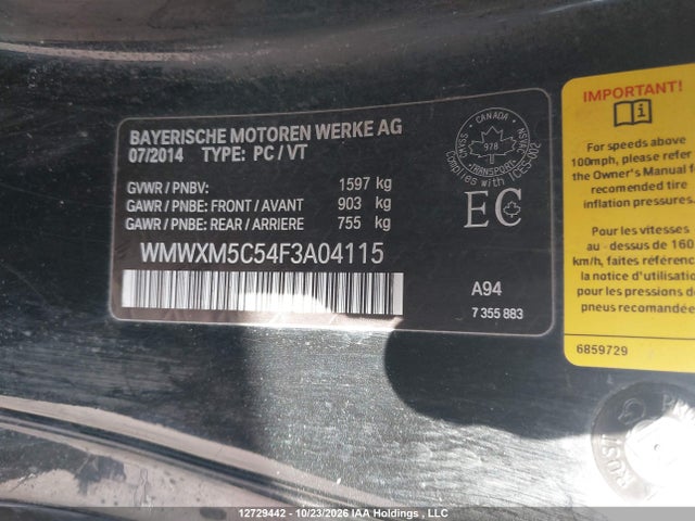 12729442 :رقم المزاد ، WMWXM5C54F3A04115 vin ، 2015 Mini Cooper مزاد بيع