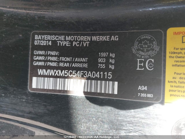 12729442 :رقم المزاد ، WMWXM5C54F3A04115 vin ، 2015 Mini Cooper مزاد بيع