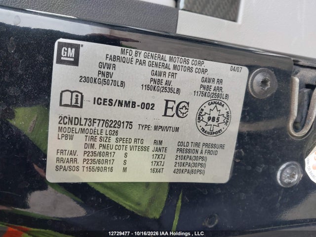 2007 Chevrolet Equinox Lt მანქანა იყიდება აუქციონზე, vin: 2CNDL73F776229175, აუქციონის ნომერი: 12729477