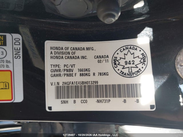 12729487 :رقم المزاد ، 2HGFA1E45BH013299 vin ، 2011 Honda Civic Dx-g مزاد بيع